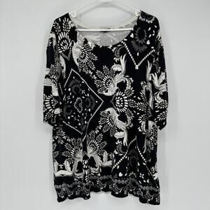 Talbots Sweater Womens 3XL Black White Floral Bird Print Short Sleeve Scoop Neck